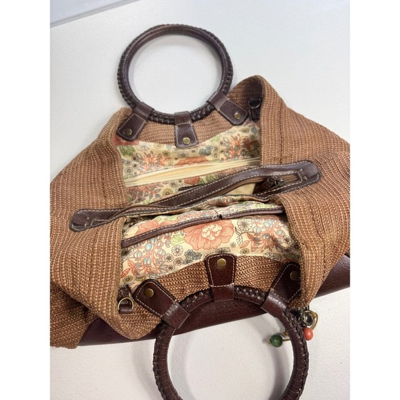 Fossil Brown Woven Circle Handle Satchel Bag Charm‎ Floral Interior - Picture 6 of 12